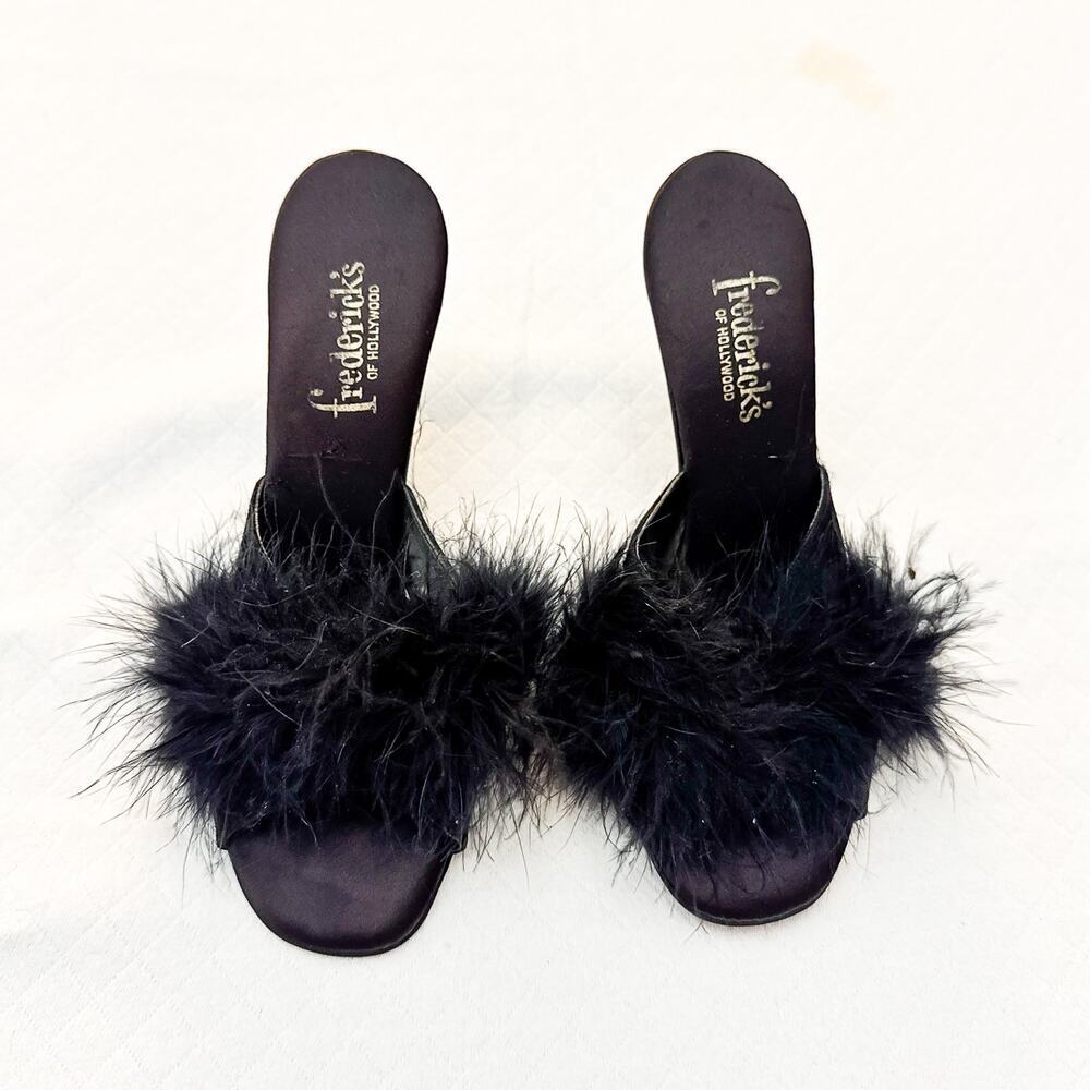 Fredericks of Hollywood Black Fuzzy Slipper Sandal Sexy Black Heel Size 8